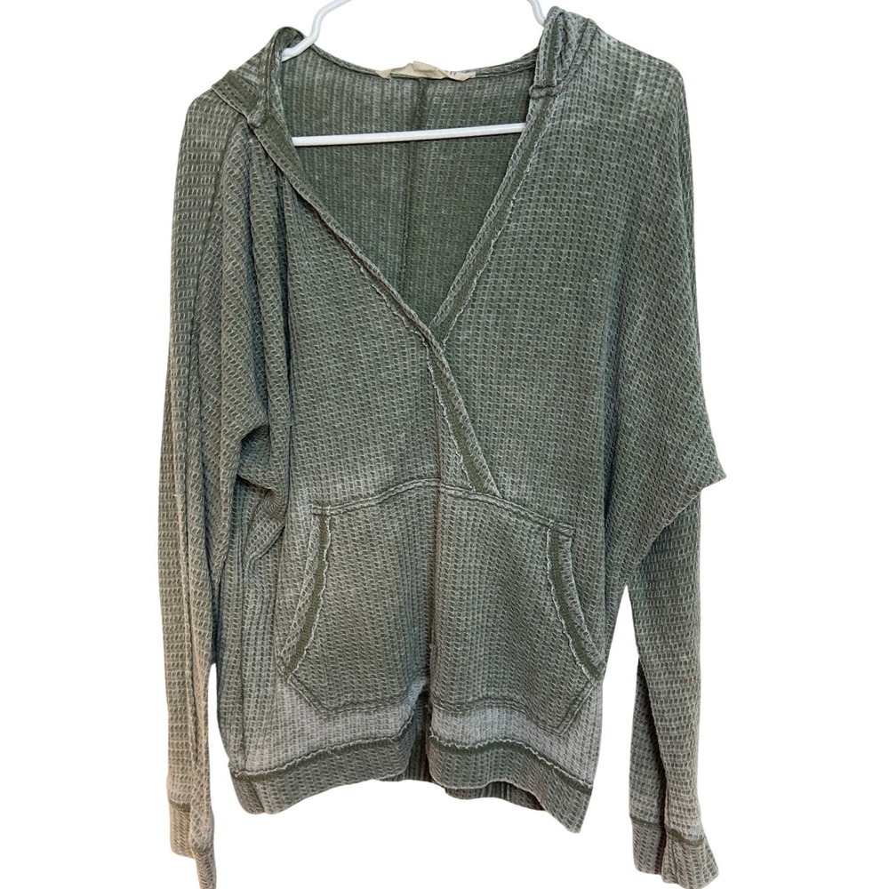 Vanilla Star Womens Waffle Knit Hoodie Sage Green Batwing Sleeve V-Neck M Grunge